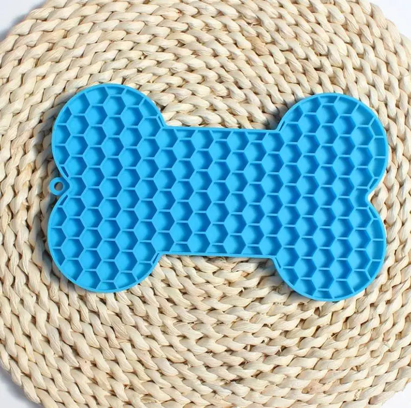 Blue bone-shaped silicone lick mat