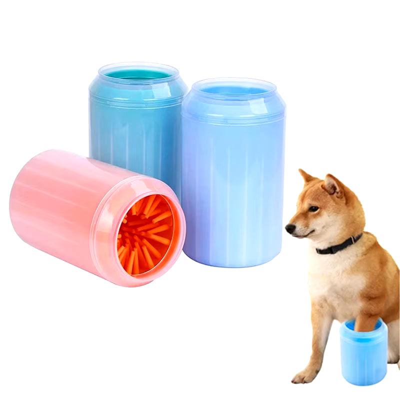 Small dog with a paw in the blue paw cleaner cup