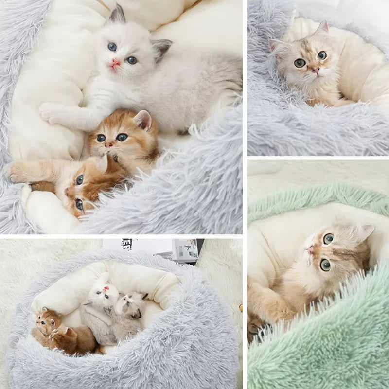 2-in-1 Plush Cat Bed with Cover, Cave or Open