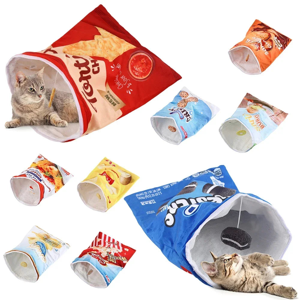 Crinkle cat tunnels in six snack-bag designs