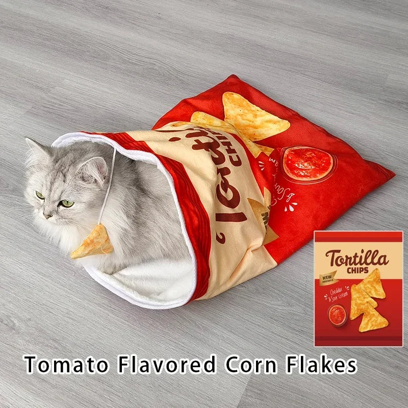 Red crisps print cat tunnel with cat inside