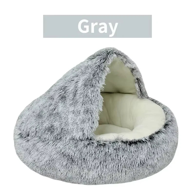 2-in-1 Plush Cat Bed with Cover, Cave or Open