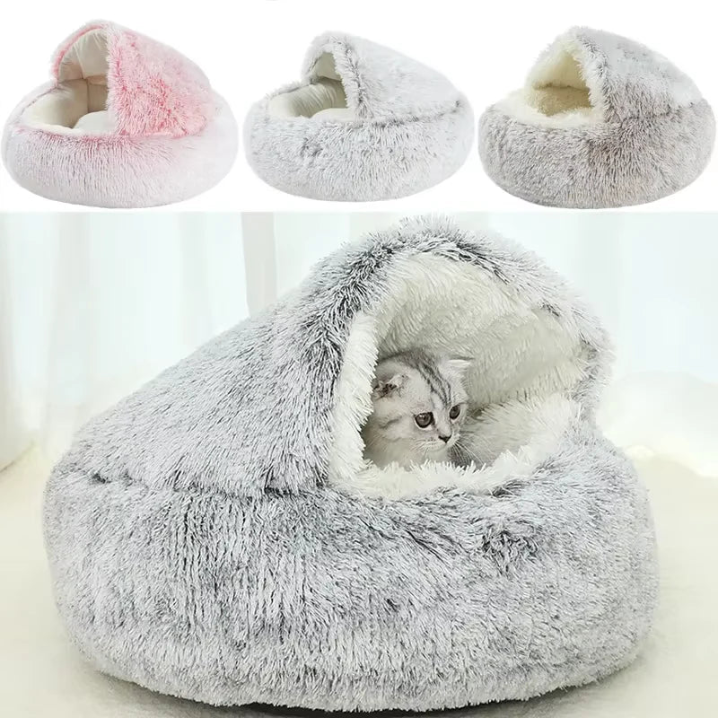 2-in-1 Plush Cat Bed with Cover, Cave or Open