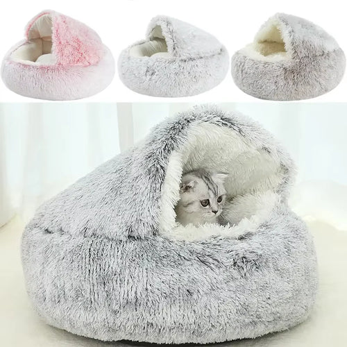 2-in-1 Plush Cat Bed with Cover, Cave or Open