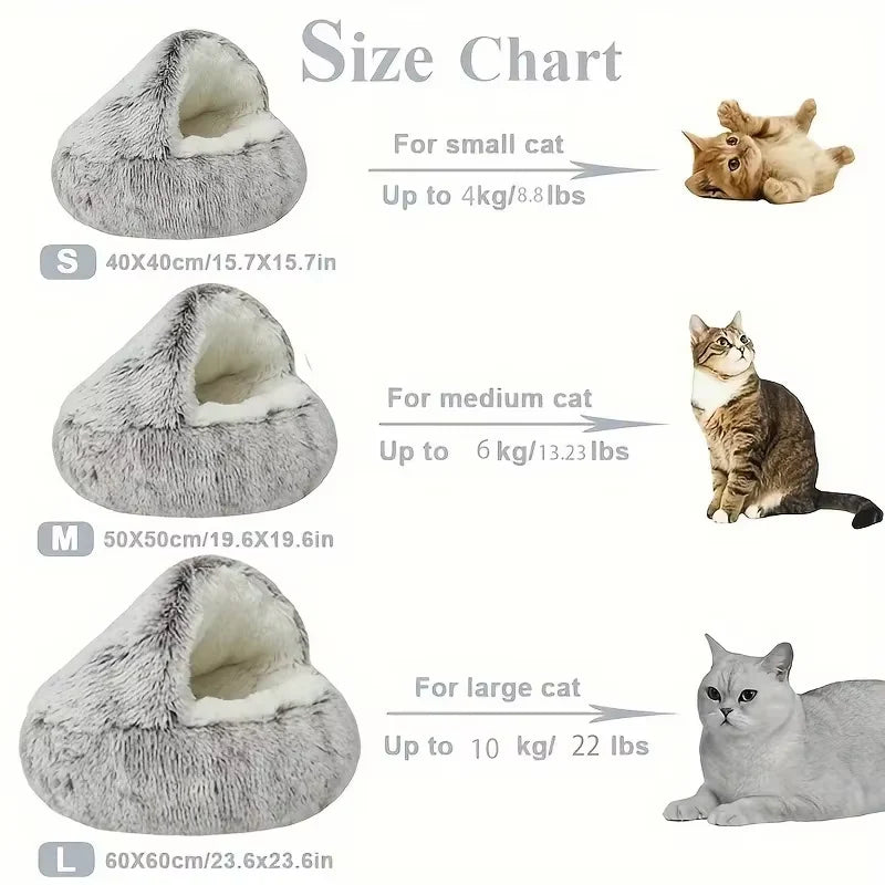 2-in-1 Plush Cat Bed with Cover, Cave or Open