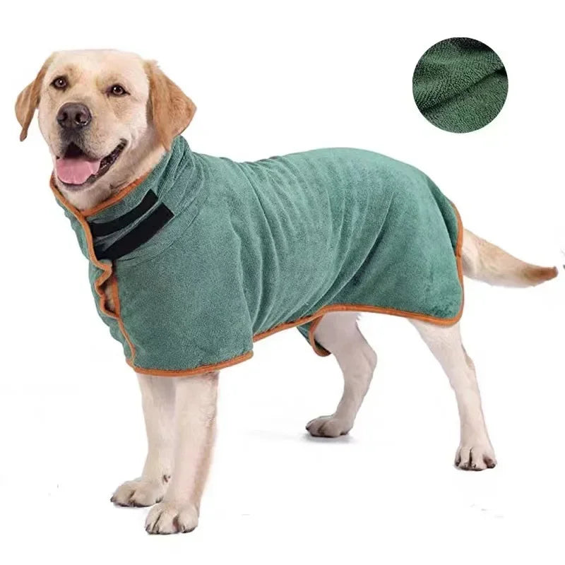 Dog wearing the green microfibre bathrobe