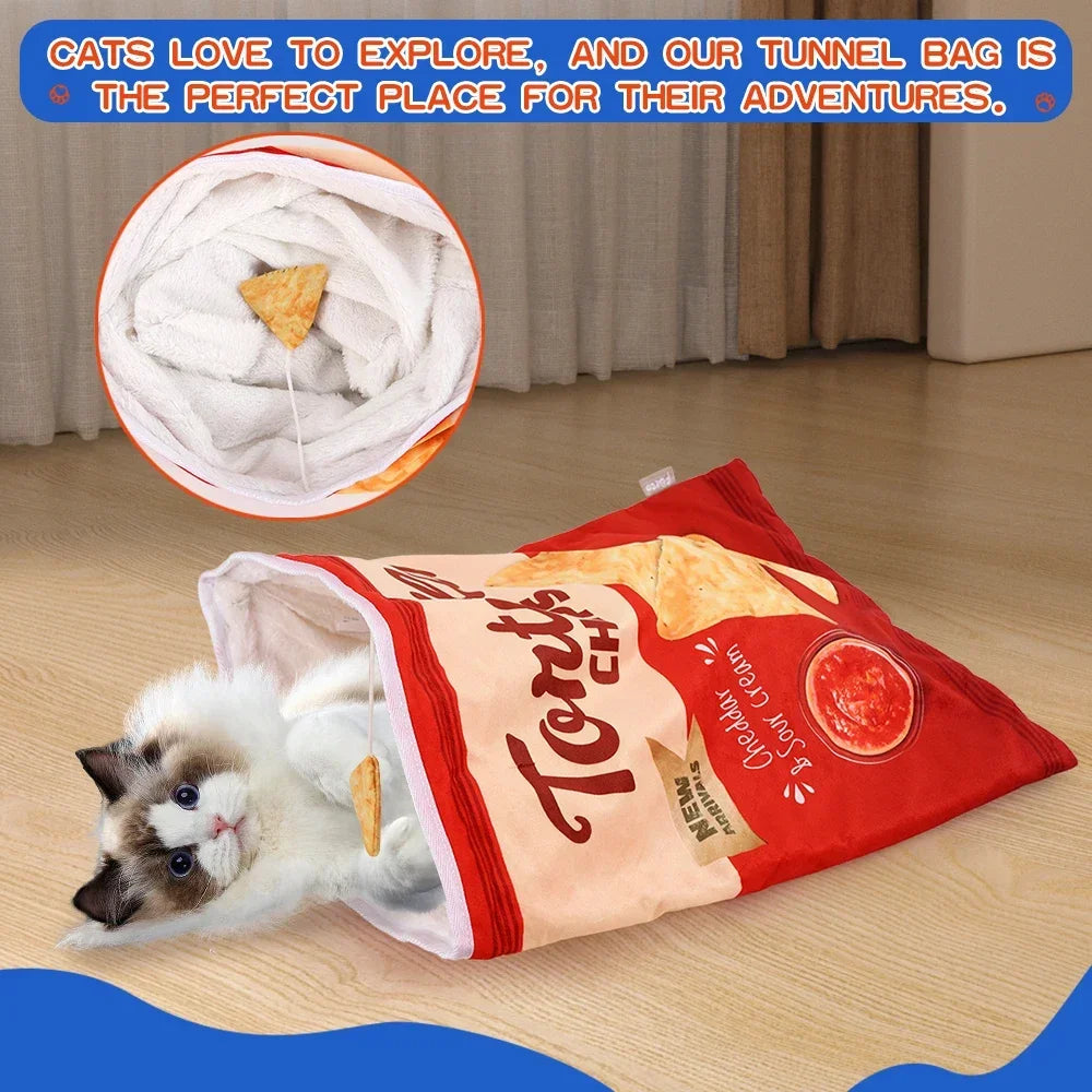 Cat peeking out of the crinkle tunnel