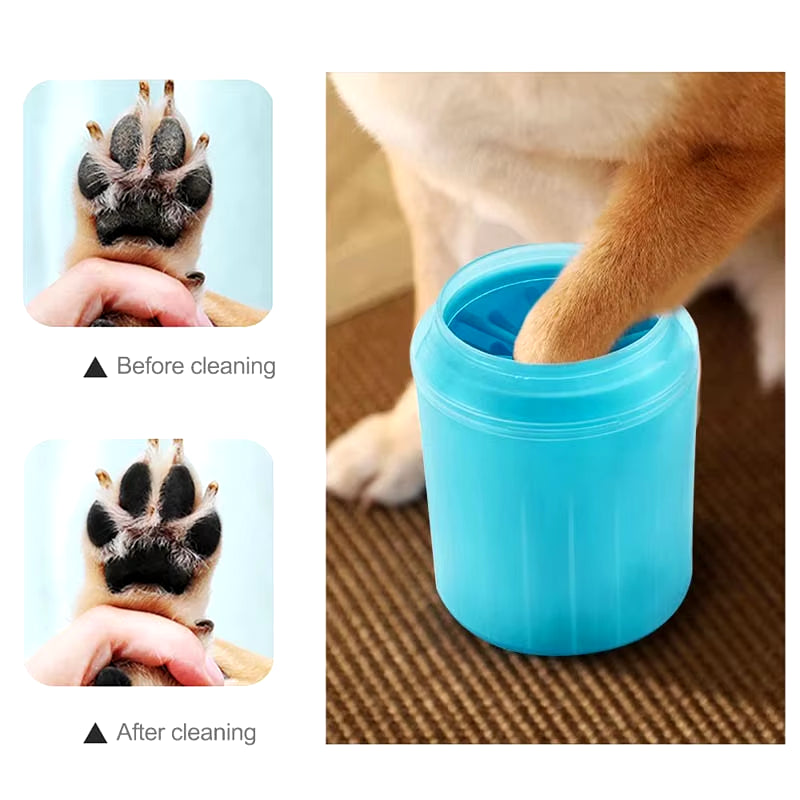 Paw before and after cleaning, and a dog paw inside the cup
