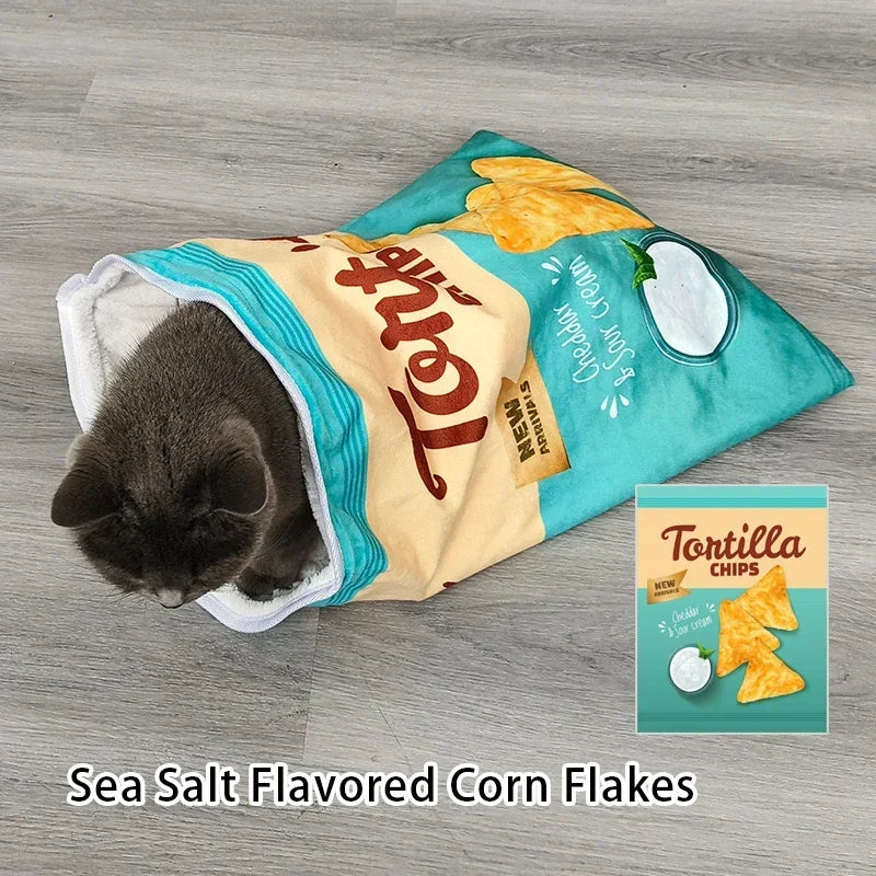 Sky blue crisps print cat tunnel with cat inside