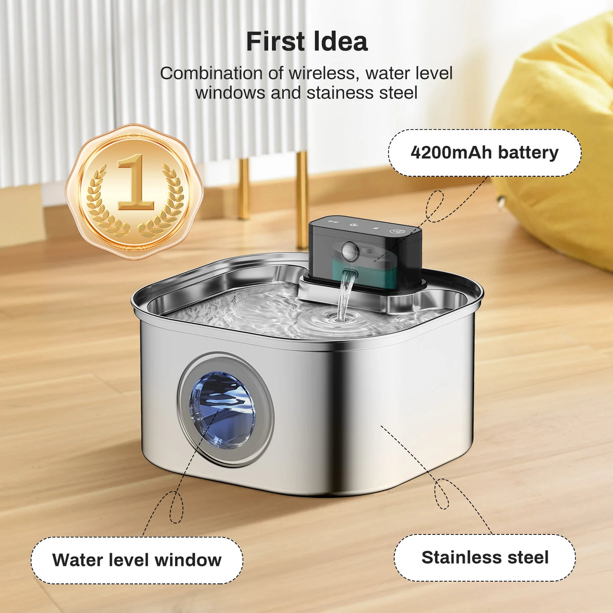 Cordless Stainless Steel Pet Fountain, 3.2 L