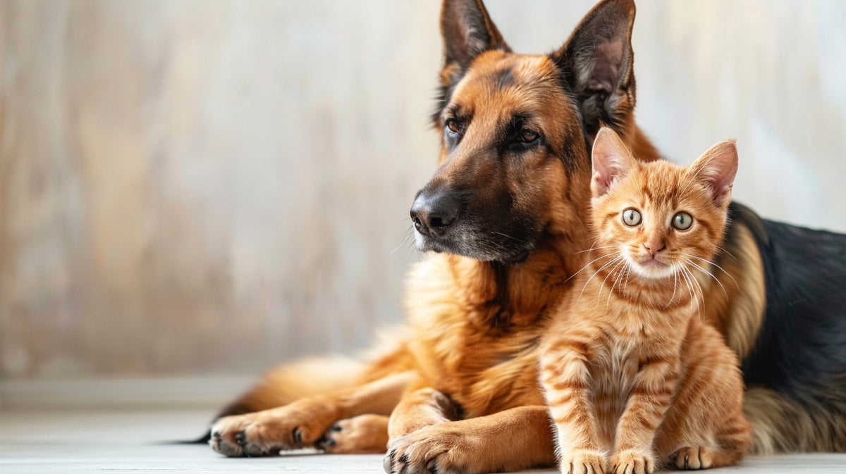 Un pastore tedesco sdraiato sul pavimento con un gattino rosso seduto accanto