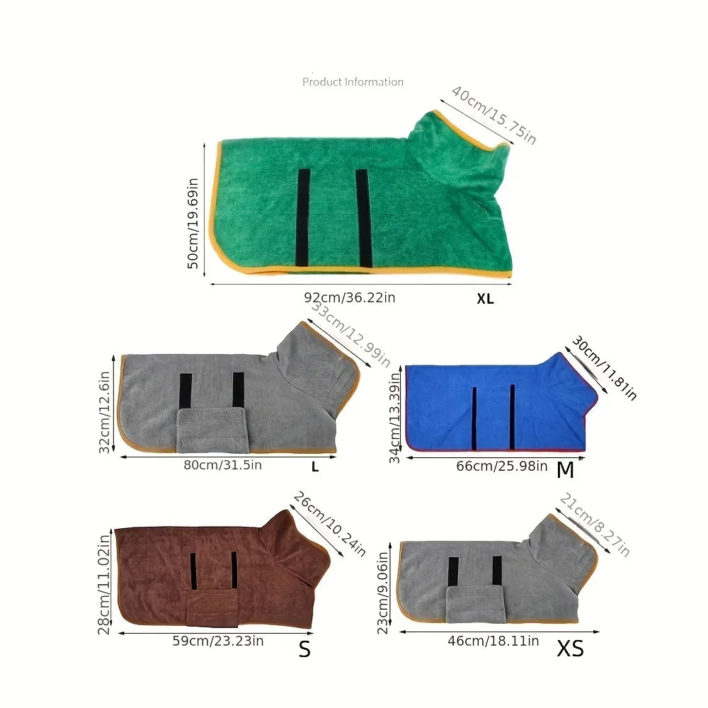 Dog bathrobe size chart, XS to XL