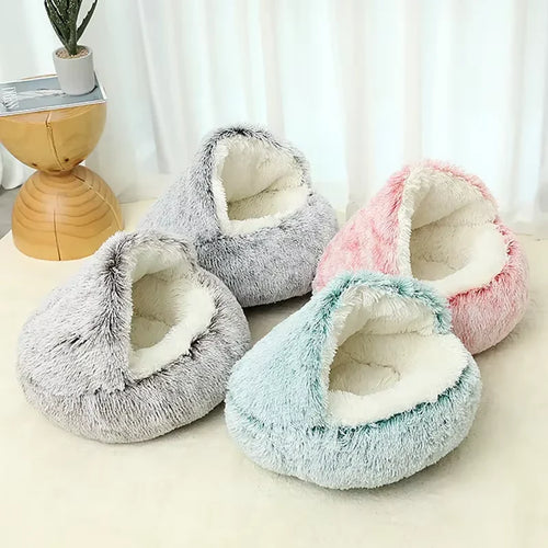2-in-1 Plush Cat Bed with Cover, Cave or Open
